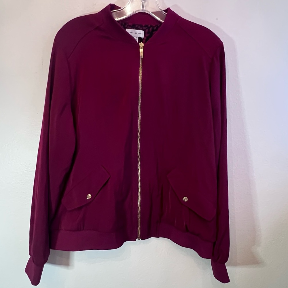 Susan Graver Jacket Womens Sz Med Wine Purple With Pocket Full Gold Zip & Snap